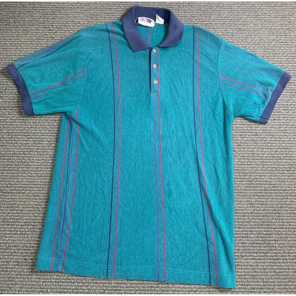 Vintage Gulf Traders Polo Shirt Mens Large Teal Blue Pinstripe Short Sleeve 90s